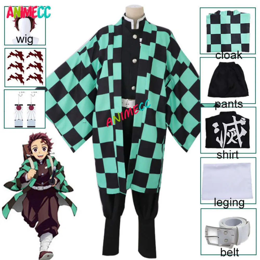 ANIMECC Volwassen Kids Demon Slayers Kimetsu Geen Yaiba Tanjirou Kamado Cosplay Kostuum Pruik Oorbel Tattoo Stickers Anime Halloween cosplay