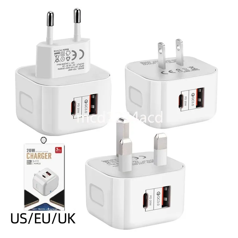 20W snabb snabb laddare typ C PD USB-C väggladdare Dual Ports EU US UK Power Adapter för iPhone 11 12 13 14 15 Samsung Huawei Xiaomi M1 med låda