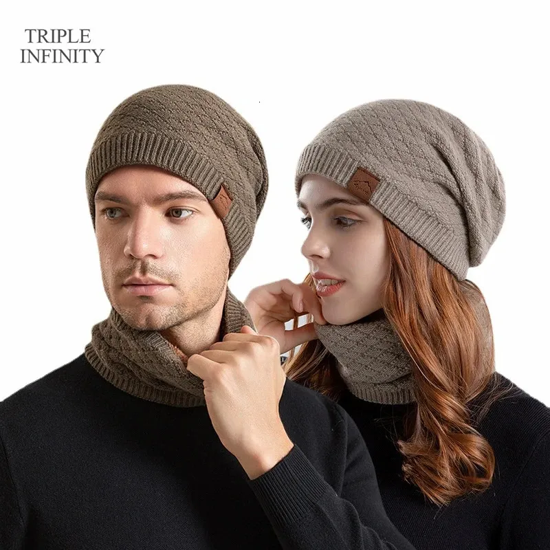 Beanie / Skull Caps Chapéu de inverno unissex com forro de penugem à prova de vento quente gorro ao ar livre grosso pescoço proteção cachecol conjunto de gorros de lã de malha para mulheres 231102