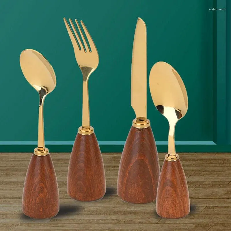 Dinnerware Sets Creative Wood Handle Tableware Luxury Western Knife Fork And Spoon Set Titanium Standable Kitchen Tool