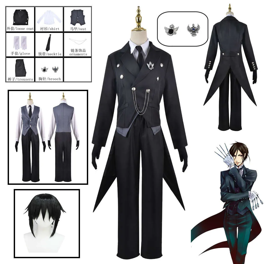 Cosplay Anime Butler Sebastian Michaelis Wig Black Swallowtail Uniform med handskar Halloween Outfits Cosplay