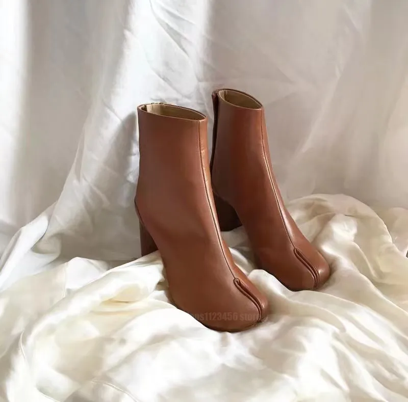 Luksusowe projektanci kostki botki botki kobiety w Internecie celebrytka ins grube pięta moda rozłam botki na wysokim obcasie świnie kopyto buty średnie rurowe mosty kopyto Brown