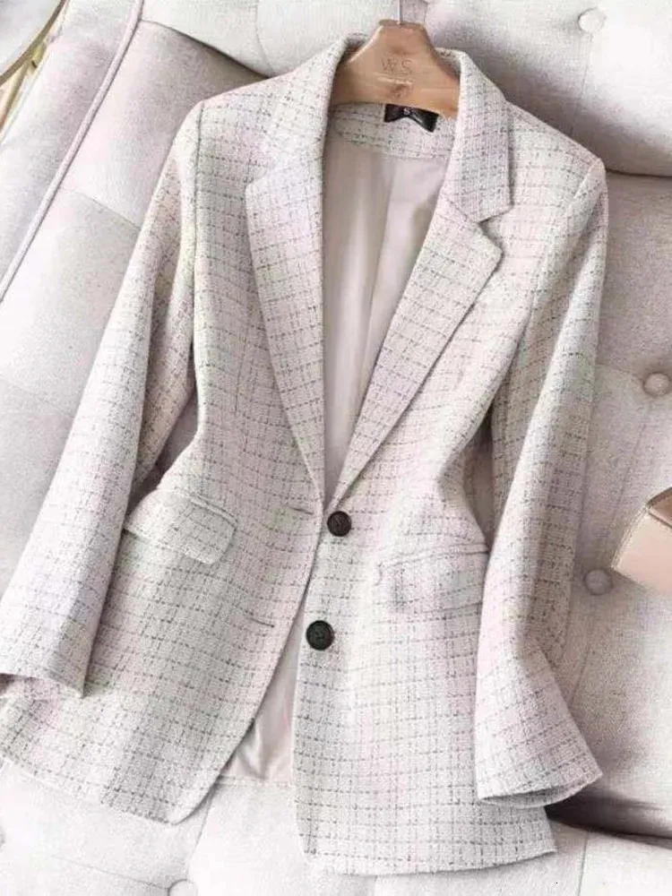 Kadın Suit Blazers Ekose Blazer Moda Ceket Kadın Bahar Sonbahar Uzun Kollu Zarif Ofis Klasik Şık Mizaç Blazer 231102