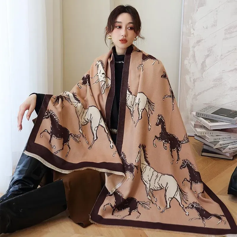 Nouveaux foulards imprimés animaux, écharpe en cachemire d'hiver pour femmes, châles épais et chauds, enveloppes de styliste cheval Pashmina couverture Cape