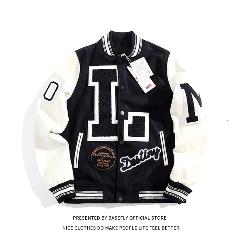 Damesjassen Letterman L Borduur Patchwork Leren mouw Stadion Dames Varsity Jacket Unisex Heren Baseball Bomberjas Universiteit Streetwear 231102