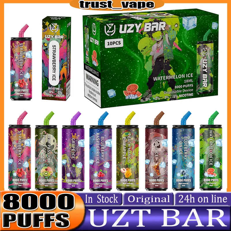 Original Uzy Bar 8000 Puff Disposable E Cigaretter POD DIVART 8000 PULD PLärskt batteri 14 ml Förfylld patron Mesh Coil RGB Light Vape