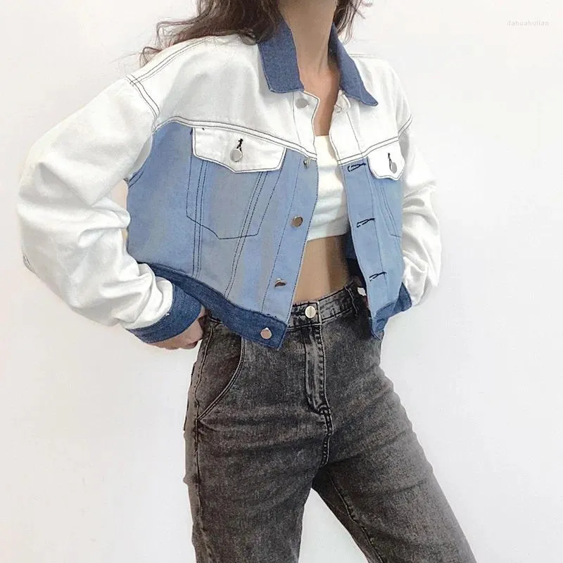 Vestes de course Denim Veste 2023 Femmes Couleur Bloc Mode Femme Manteau Court Cool Revers Bottons Slim À Manches Longues Femme Tops Printemps