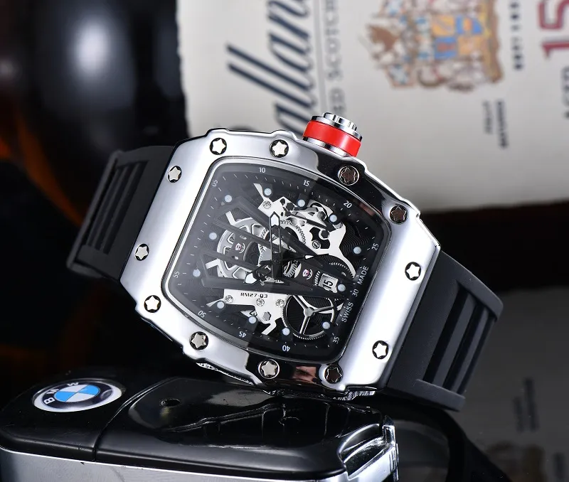 Richar Wrist Watches for Men 2023 Mens relógios Três agulhas quartzo assistir de alta qualidade de alta qualidade Relógio de marca Tonneau Shell Rubber Strap Montre Tipo quatro