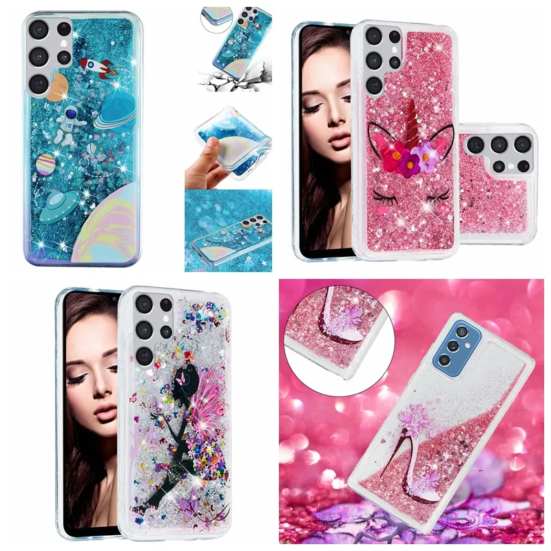 Bling Quicksand Yumuşak TPU Kılıfları Samsung S24 Ultra A05 A05S A14 A54 A34 A04 A03 Çekirdek S23 FE Plus Kelebek Seksi Kız Unicorn Moda Elmas Pırıl Plan Pırıltılı Sıvı Kapak Cilt Cilt