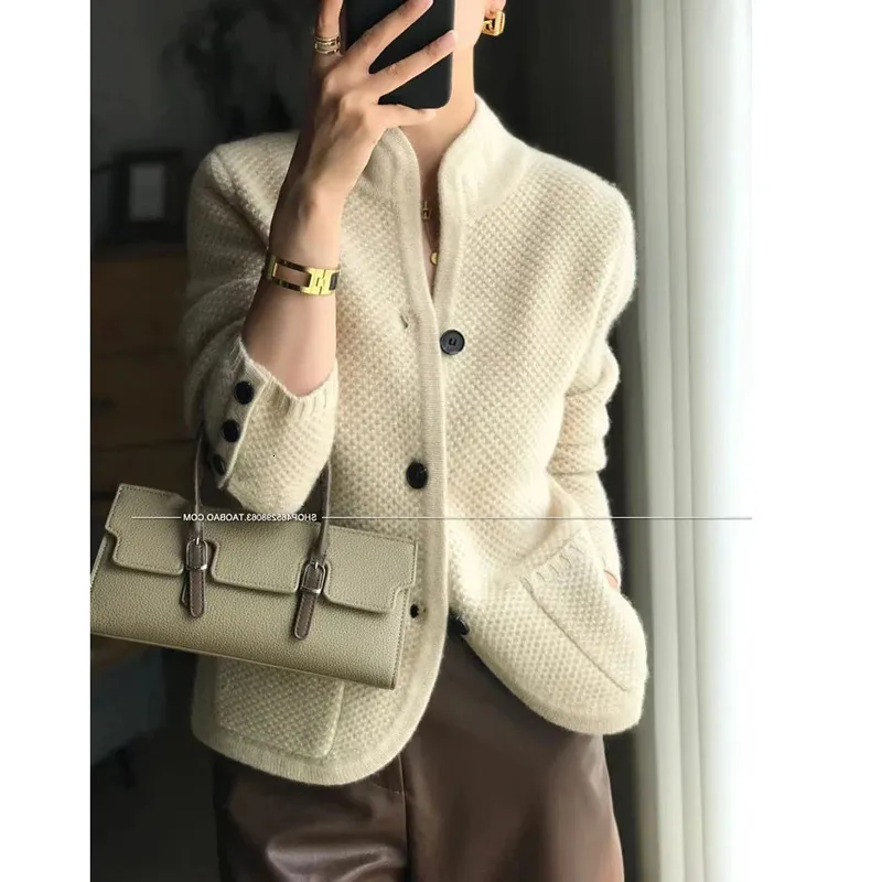 Womens Sweaters Autumn Winter Thickened 100% Pure Cashmere Cardigan Women Stand Neck Sweater Loose Knit Base Sweater Jacket Sweaters 231102
