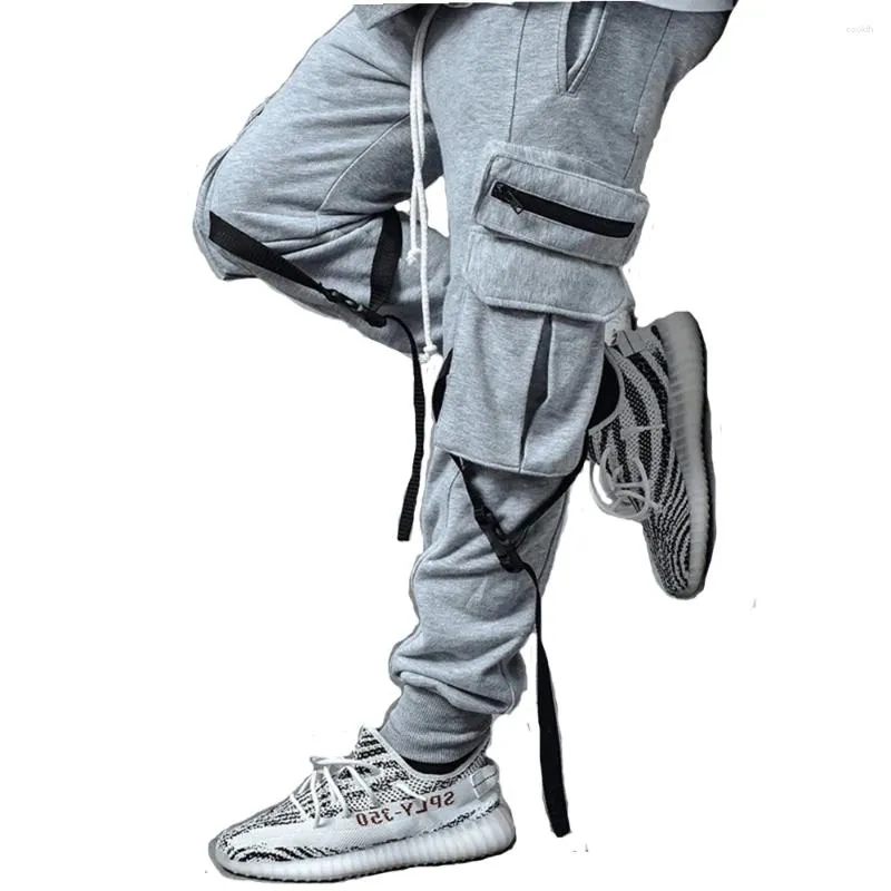 Pantalons pour hommes Pantalons de survêtement en coton pour hommes Hip Hop Joggers Streetwear Pantalon de sport décontracté Gris Entraînement Fitness Grandes poches Cargo