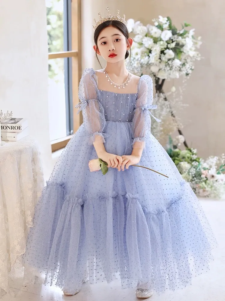 Blue Beaded Princess flower dress - Long Sleeve Princess Style, Floor Length Bridesmaid Girl Pageant Gown with Shiny Bling - Perfect for Birthdays (