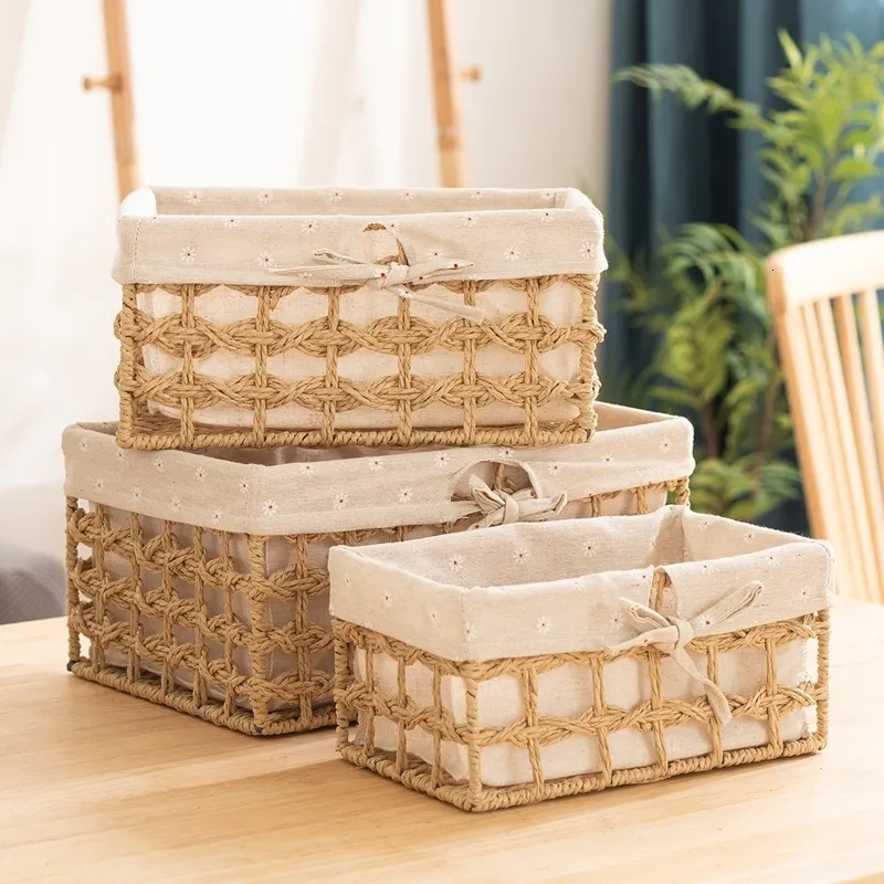 سلال التخزين المصنوعة يدويًا سلة ستوراج منسوجة تخزين سطح المكتب Sndries Organizer Snacks Cosmetic Organizer Box Panier Rangement Osier 230331