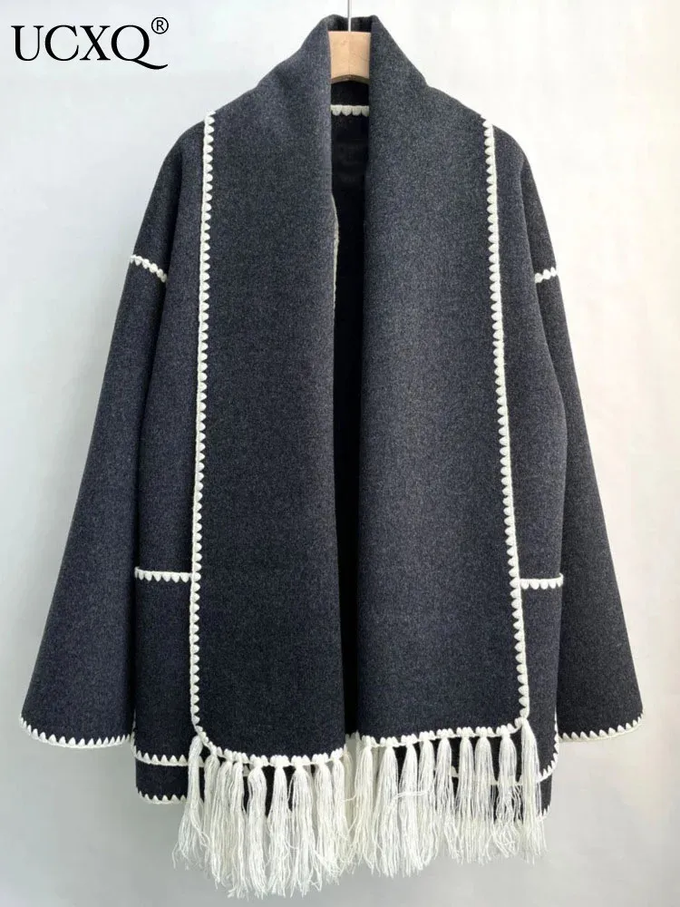 Women's Wool Blends UCXQ Vintage Woolen Overcoat With Scarf Autumn Knitted Tassels Cloak Style Mixed Color O-neck Coat Available stock fast delivery 231101