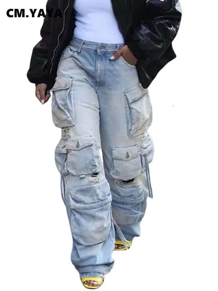 Women's Jeans CM.YAYA Women Safari Style Ripped Out Drawstring Hem Elastic Waist Multi Pocke Denim Pants 2023 INS Fashion Cargo Trousers 231102