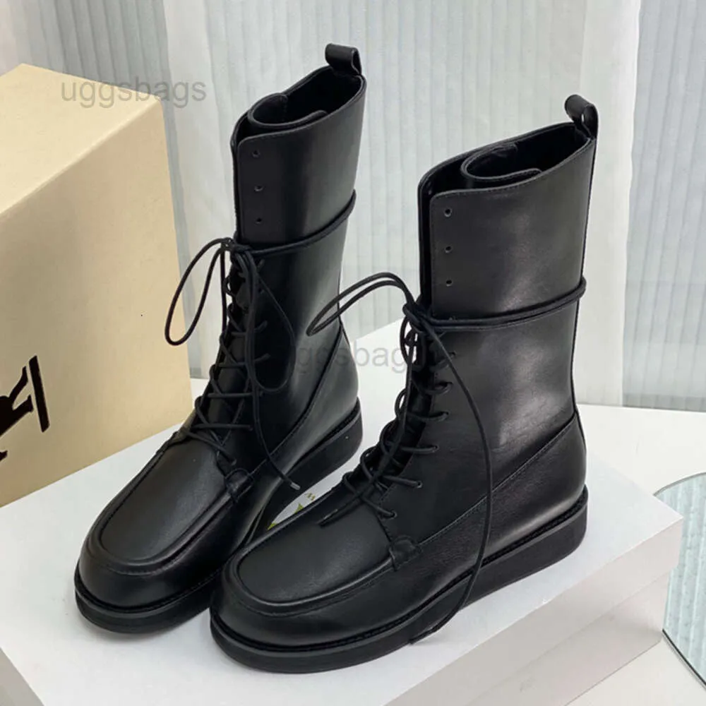 The Row Shoes High End The * Row2023 Novo Britânico Versátil Mid Manga Front Lace Up Couro Genuíno Lace Up Knight Boots Martin Botas Mulheres