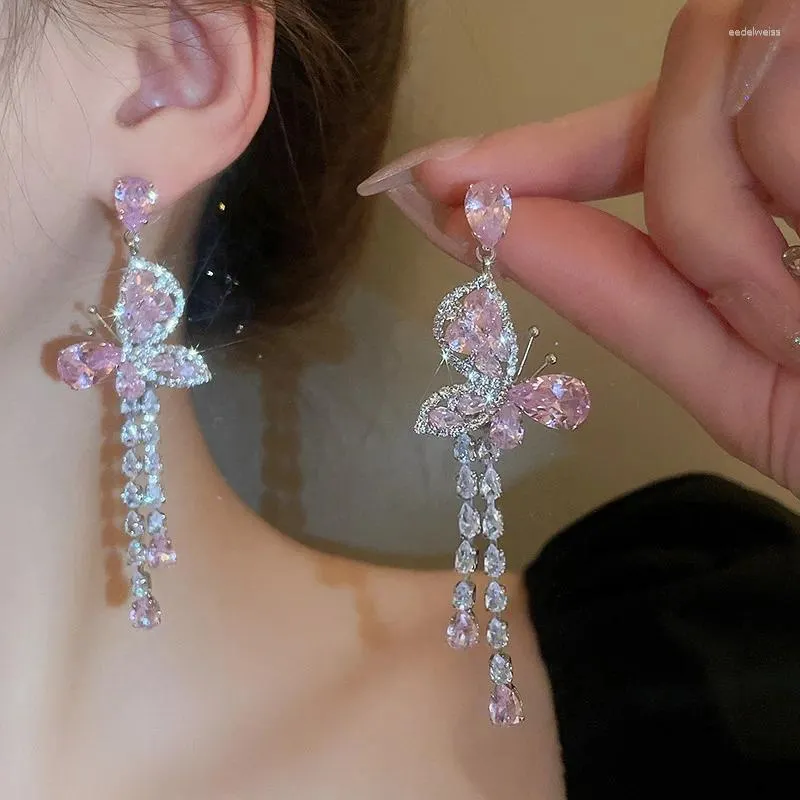 Boucles d'oreilles de luxe pour femmes, bijoux de fête éblouissants en pierre de Zircon, pendentif Long goutte, accessoires romantiques, joli papillon rose