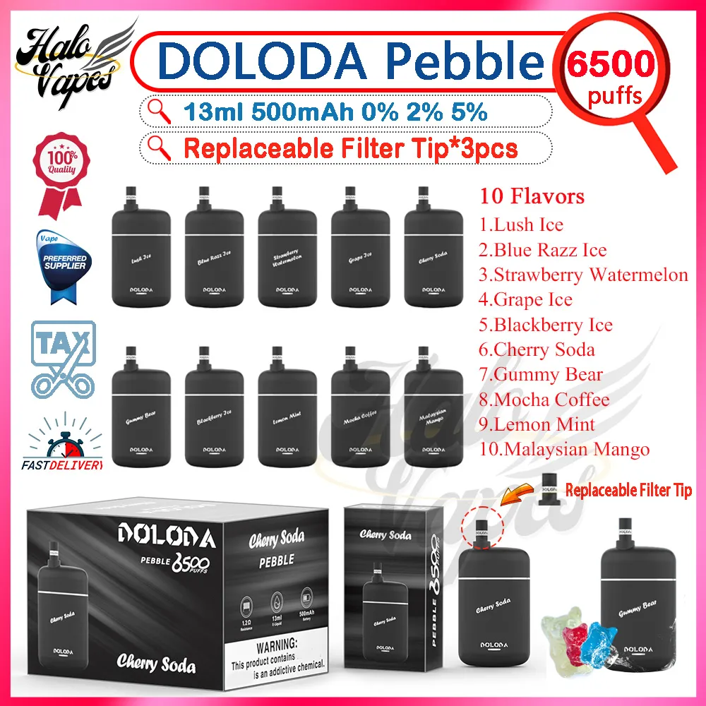 Original Doloda Pebble 6500 Puff jetable Vape stylo 1.3ohm maille bobine 13 ml pré-rempli Pod batterie rechargeable électronique Cigs Puff 6500 0% 2% 3% 5% E cigarettes