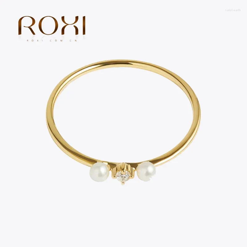 Cluster-Ringe ROXI Dünner Ring mit eingelegter Perle 925er Sterlingsilber Einfacher glänzender Schmuck Damen Vielseitiger Verlobungsring 18 Karat Vergoldung