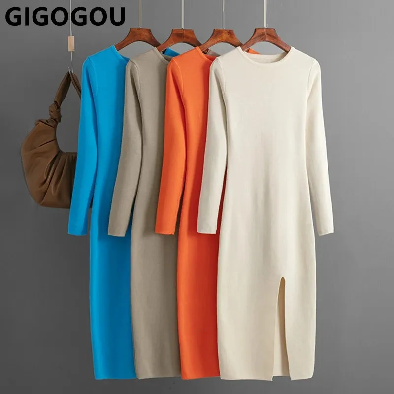 Basic Casual Jurken GIGOGOU Slim Fit Design Lange Gebreide Bodycon-jurk voor Dames Herfst Split-Up Trui-jurken Knielange Maxi Midi-jurken 231101