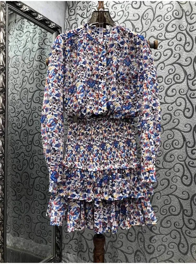 Vestidos de trabalho de alta qualidade conjunto feminino 2023 outono moda saia ternos senhoras vintage estampas florais camisas manga longa conjuntos cintura elástica