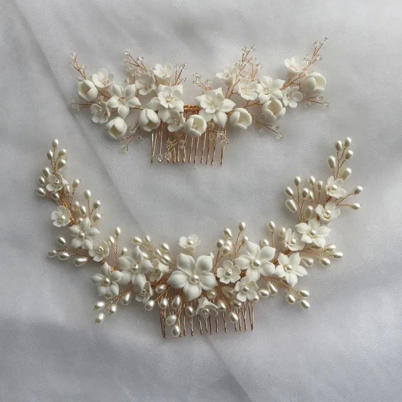 Headbands White Ceramic Flower Hair Comb Bridal Crown Pearls Jewelry Handmade Wedding Headpiece Fashion Women Hairpiece 231102