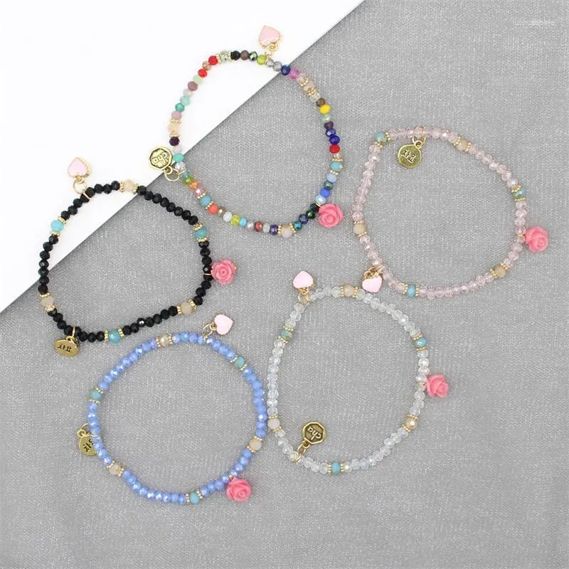 Bangle Korean Colorful Crystal Pink Flowers Heart Mode Shiny Stone Pärlor Handgjorda Elastiska repsträngar Armband Kvinnor smycken