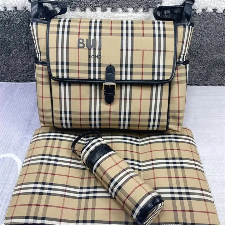 Brand Waterproof Mommy Diaper Baby Zipper Brown Plaid Print Sales Backpack Messenger Diaper Pile Tote Bag