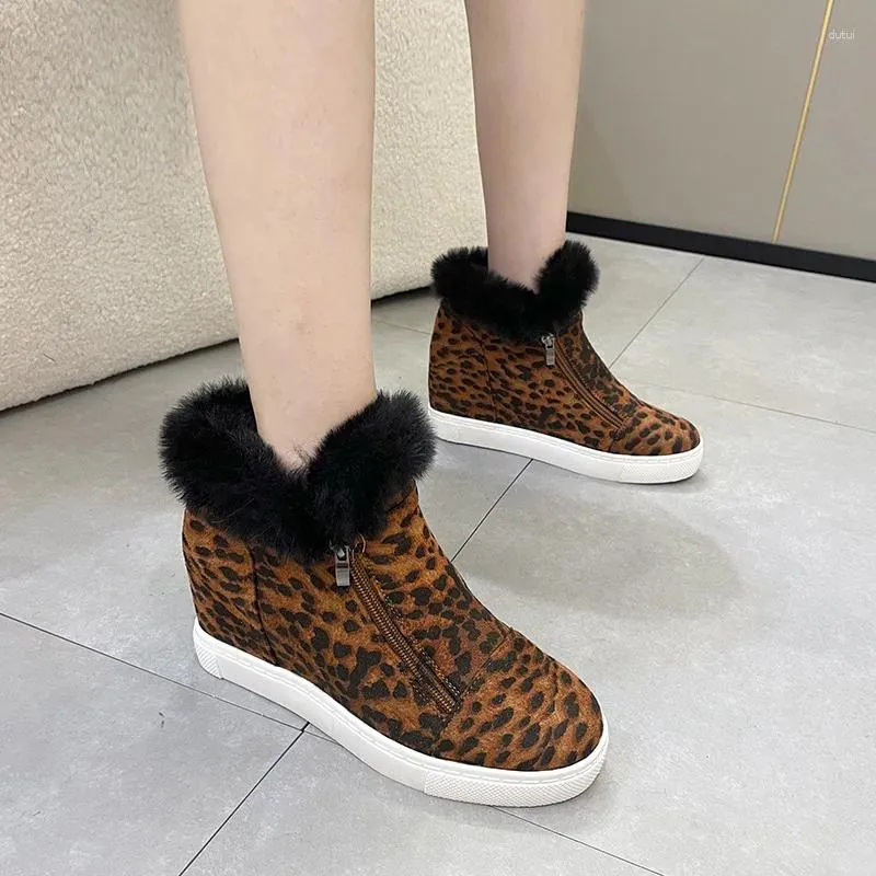 Boots Women's Leopard Print Snow Winter Warm Slope Heel Large Size Shoes Round Head Comfort Flats Botas De Invierno Mujer