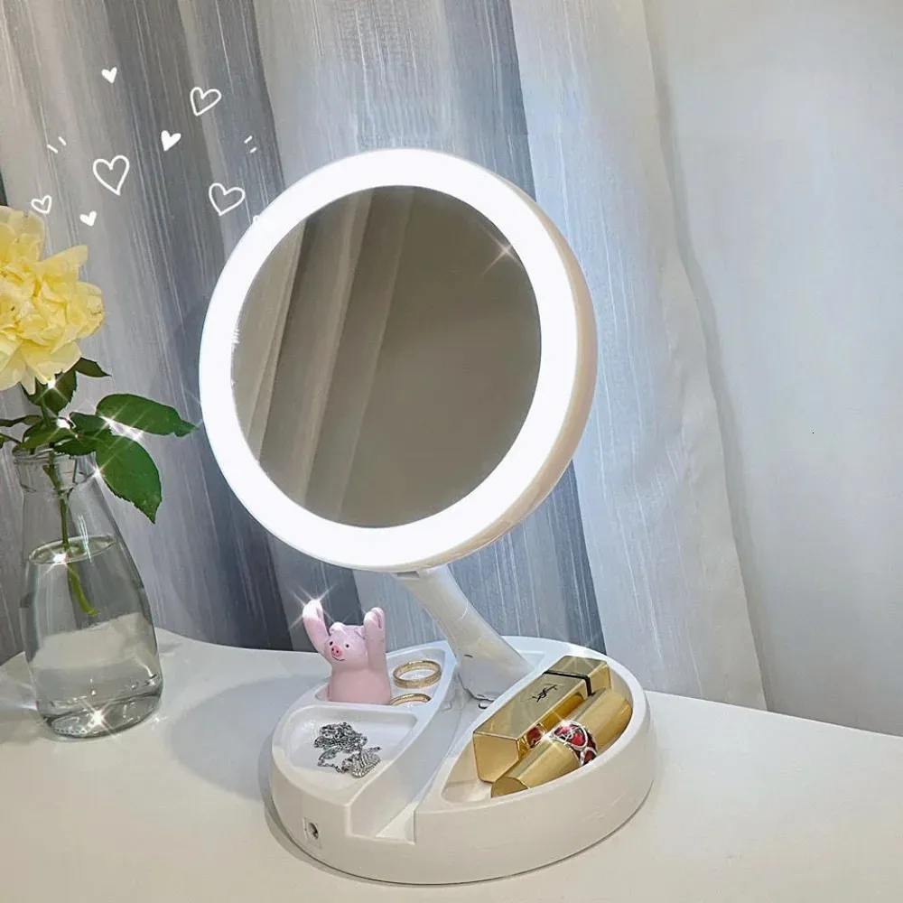 Kompakt Aynalar Katlanabilir USB Şarjı veya Pil LED Ayna Makyaj Beyaz Vanity Kozmetik Ayna Işık 10x büyüteç aynaları 231102