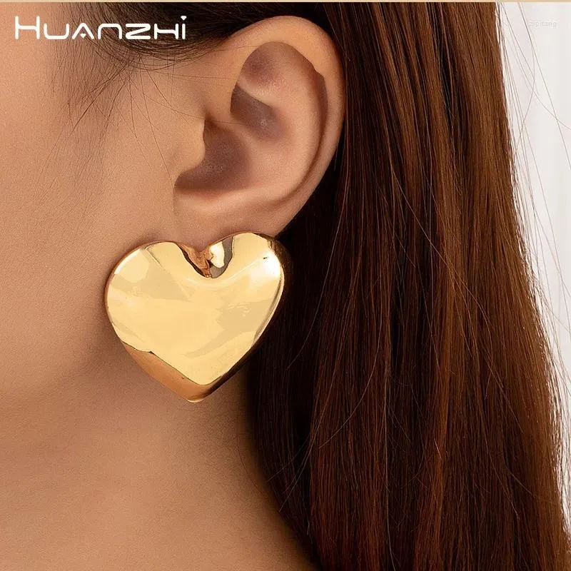 Stud Earrings HUANZHI Large Size 3.6CM Heart-shaped Love For Women Girls Light Glossy Metal Fashion Vintage Exaggerated Jewelry