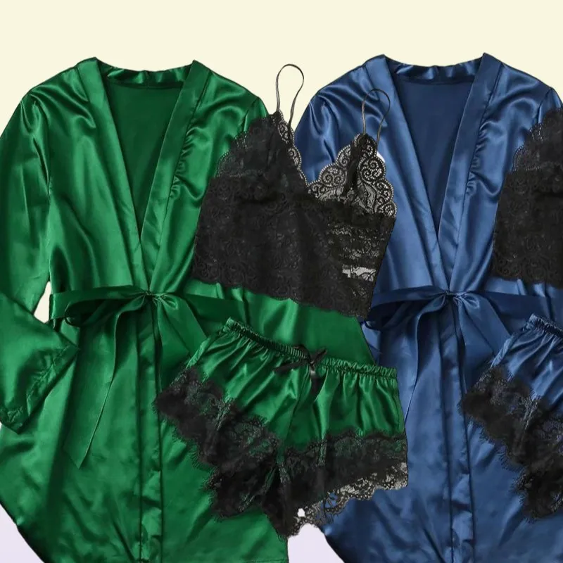 Women039s Sleepwear Silk Pajamas Set Women Satin Short Robes Lingerie Sets Sexy Kimono Bathrobes Loungewear Home Suit Lady Dres5285838