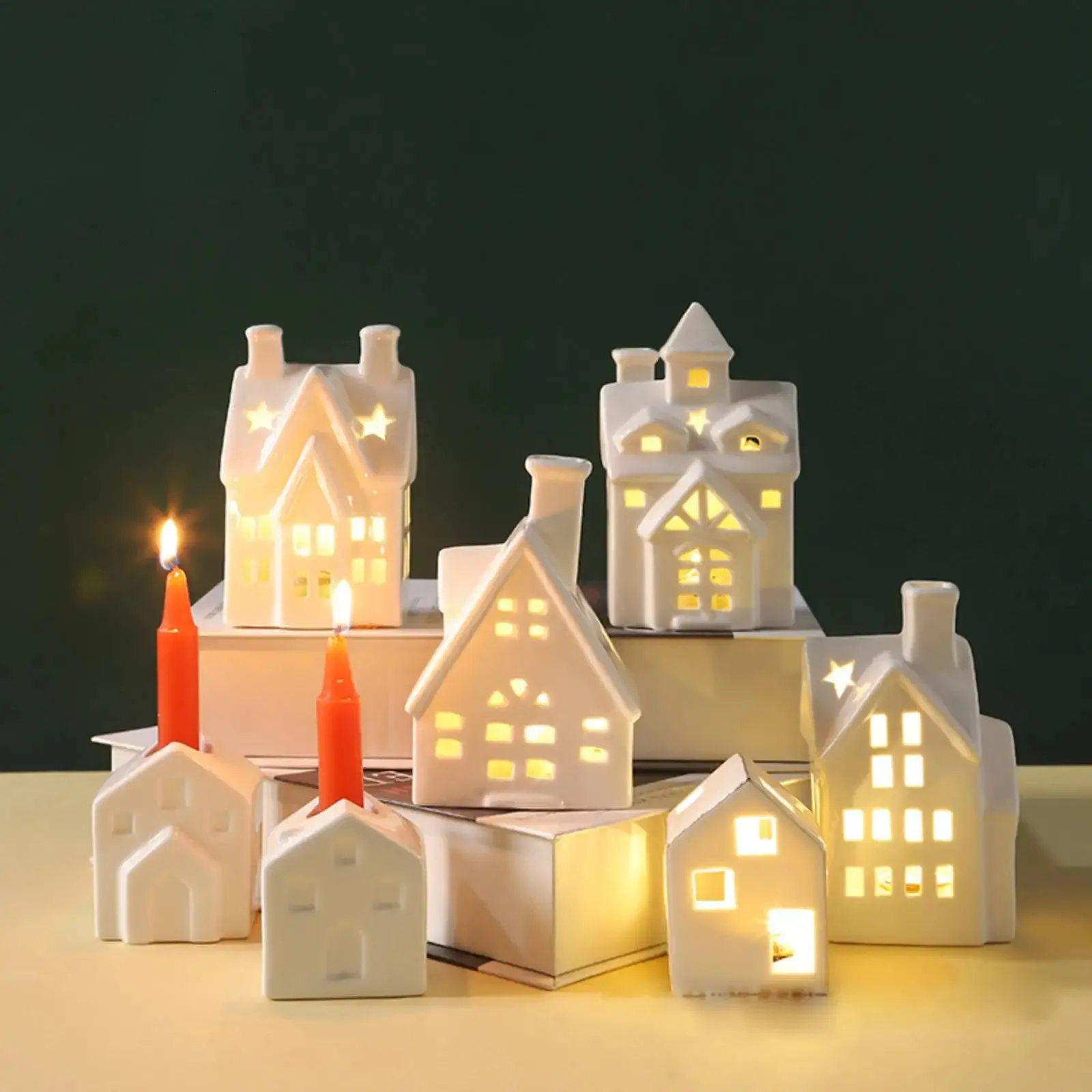 1PC Decorations House Village House Modern Ceramic House Night Lamp for Bedroom Tabletop Christmas Decoration Gift 231101