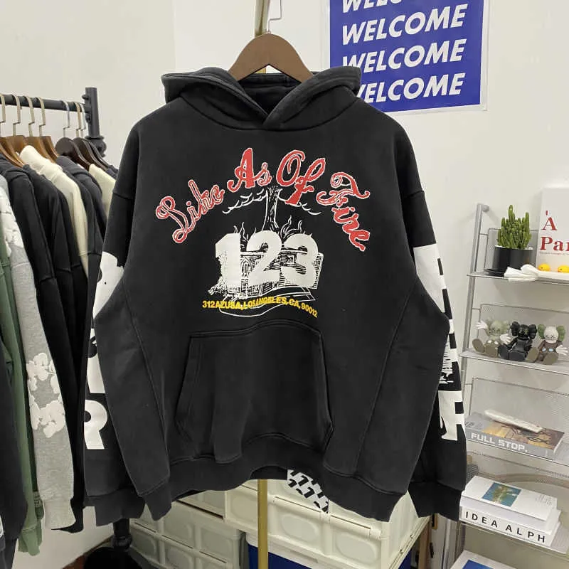 Rrr123 Co Branded Fog Age Youth League Stesso maglione realizzato con cappuccio e pullover sciolto con stampa di lettere antiche