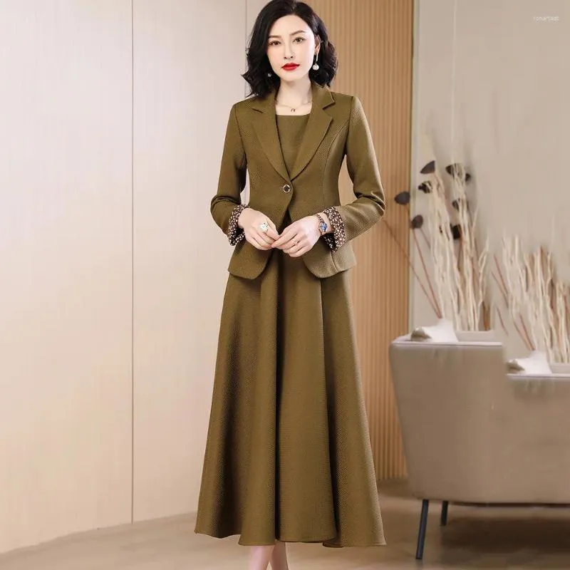 Work Dresses Women Elegant Office Lady Dress Suits Spring Autumn Fashion Single Button Slim Blazer And O-Neck Sleeveless Long