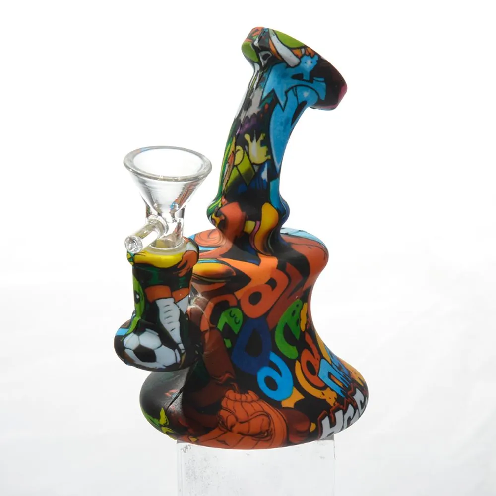 Printing Silicone Water Pipe With Glass Bwol 14mm Fmale Detachable Bong For Dry Herb Quartz Banger Hanger Wax Smoking Hand Pipe Dab Rigs ZZ