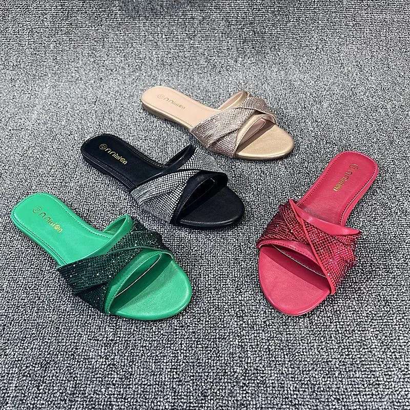 Slippers Women Rhinestone Flat Sandals Summer 2023 African Casual Round Toes Luxury Slider L1018-7