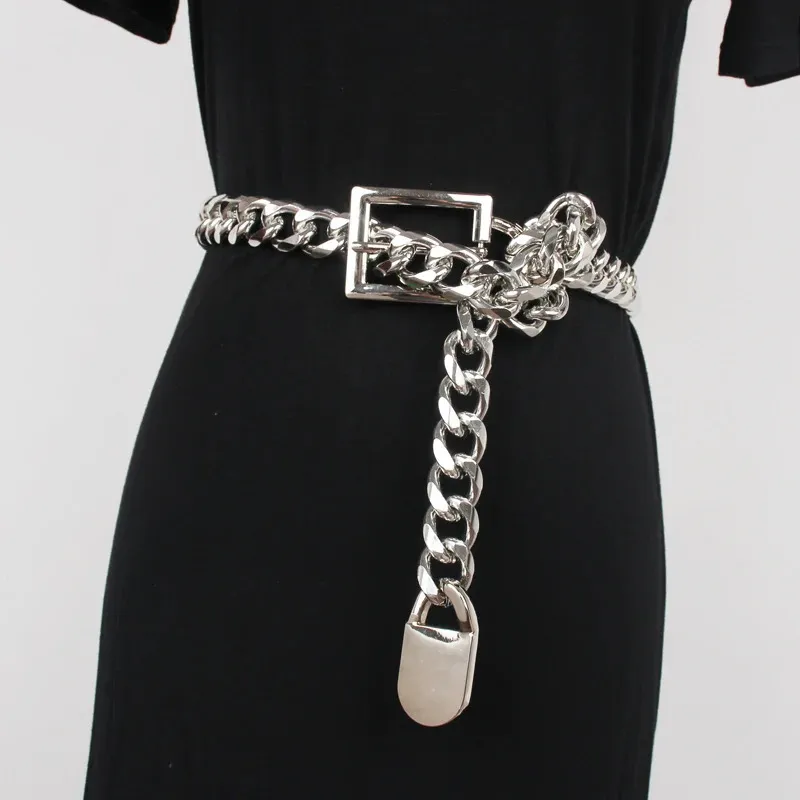 Cinture Cintura in lega di metallo oro argento Cintura lunga a catena larga Punk Street Jean Hip Hop Fibbia gotica PIN regolabile Cinch 231101
