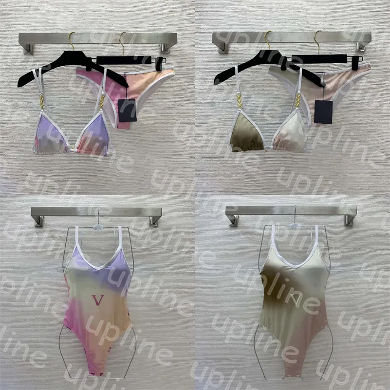 Conjunto de Bikini degradado de diseñador de moda, traje de baño de una pieza con estampado de letras, conjunto de dos piezas para mujer, traje de baño de secado rápido