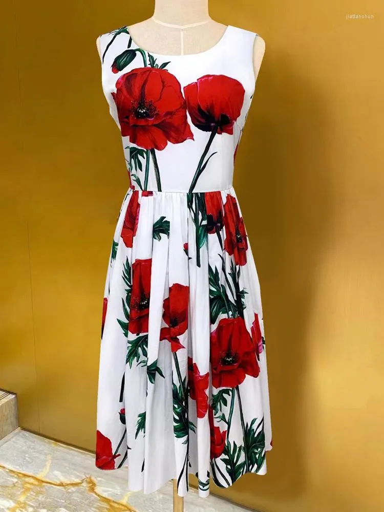 Casual jurken Red Roosarosee Pure katoen sexy backless mouwloze bloemenprint midi witte jurk 2023 lente zomer vrouwen vestidos gewaad