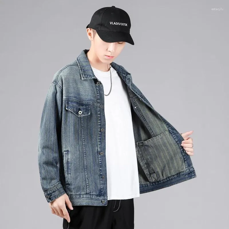 Men's Jackets Men Vintage Stripe Blue Denim Jacket Autumn Korean Fashion Baggy Stretch Cotton Casual Jean Coat Brand Clothes Plus Size 5XL