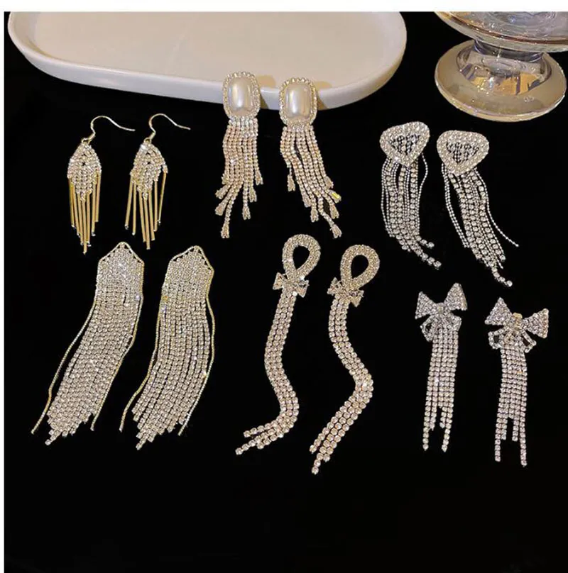 Pendientes colgantes largos de borla con agujas de plata 925 para mujer Declaración de joyería de moda Pendientes colgantes de cristal brillante Accesorios para las orejas de fiesta