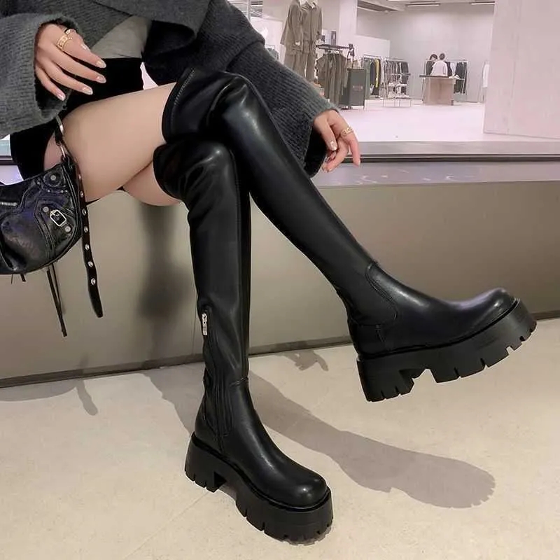 Widened round long boots chubby mm high knight boots for women in 2023 new black thick soled over knee boots elastic skinny boots