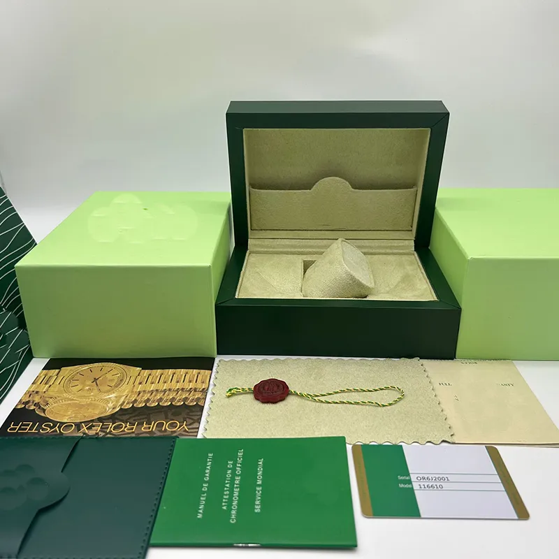 Designer-Uhrenbox aus Holz, luxuriöses Herrenuhren-Zubehör, originelle Damen-Uhrenbox zum Aufklappen, grüne Box, Broschüre, Kartenzubehör, Zertifikat, Handtasche