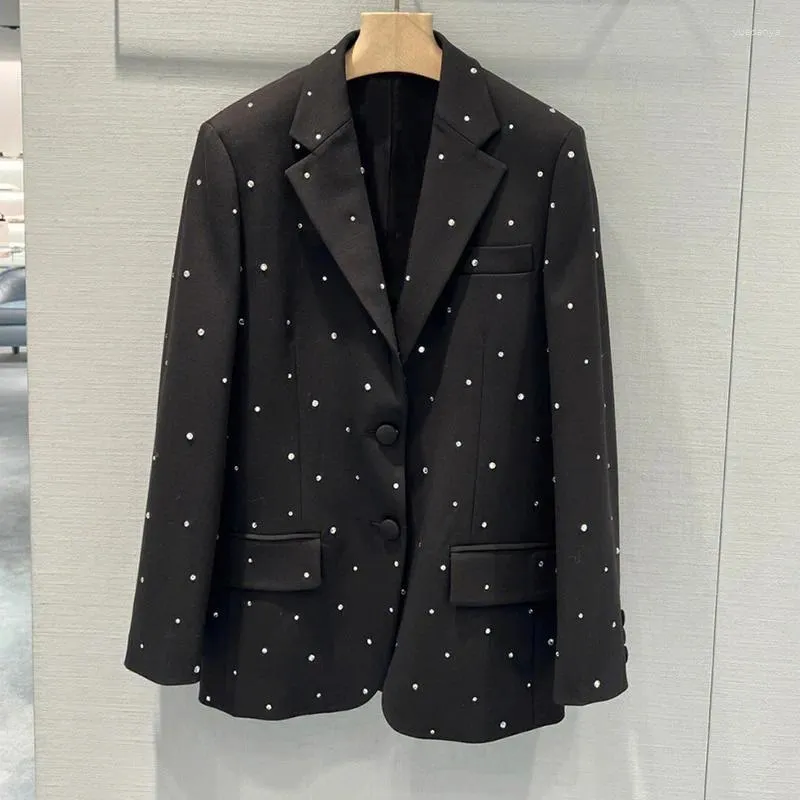 Women's Suits 2023 Spring Black Suit Studded With Diamonds Full Of Star Advanced Sense Long Coat Women
