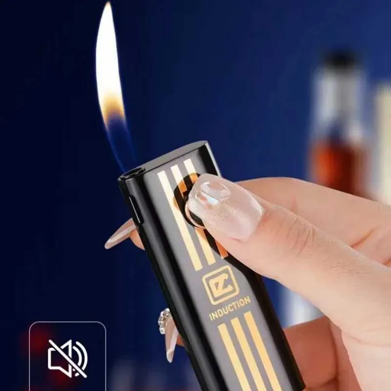 Tändare Ny Creative Body Butane No Gas Lighter Metal Shell Silent Electronic Tändning Öppen Flame Portable Men's Smoking Tool