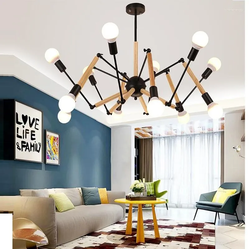 Lámparas de araña Modern Vintage LED Araña de madera Lustre de araña E27 Iluminación de sala de estar para cocina Restaurante Luces de accesorio