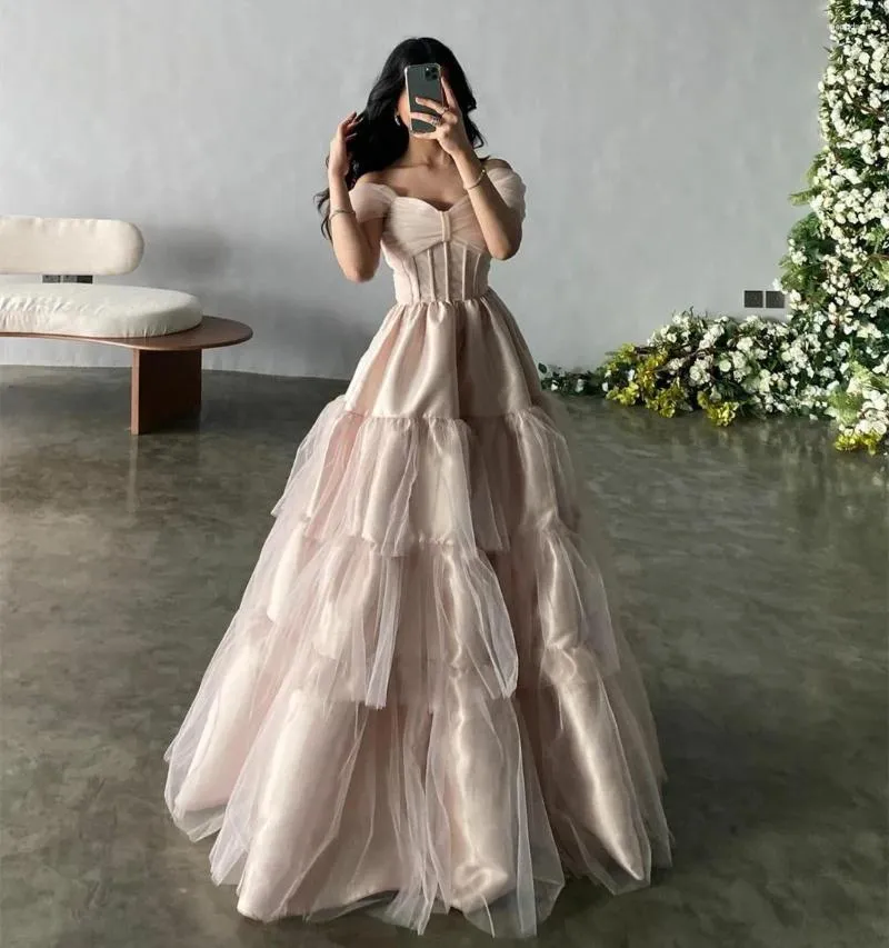 Party Dresses Classic Off Shoulder Homecoming For Teens Blush Tulle Tiered Satin Long Prom Dress Women 2023 Vestido Fiesta