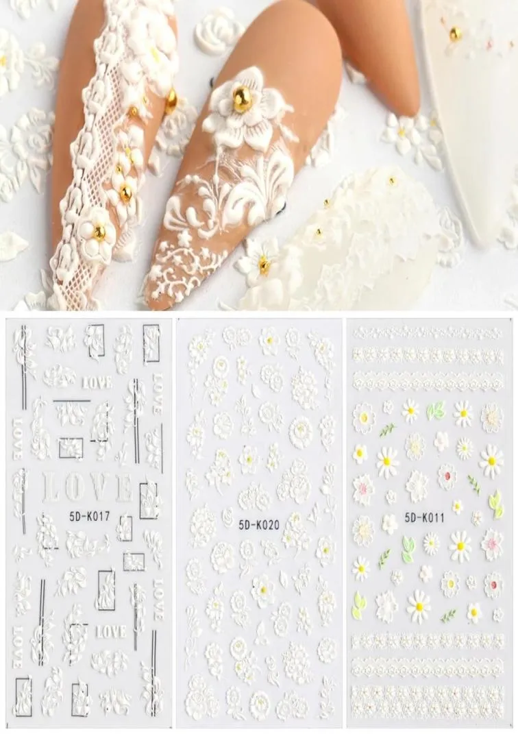 Autocollants pour ongles en dentelle blanche en relief, 1 feuille, 5D, motif Floral, pour mariage, Design artistique, papillon, manucure, 9707041