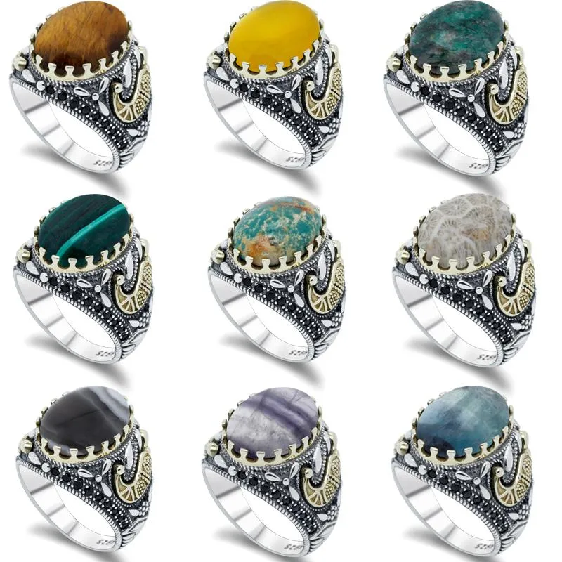 Pierścienie klastra 925 Sterling Srebrny Turquoise Agate Męskie damskie pierścionka Czarna Spinel Turecka biżuteria